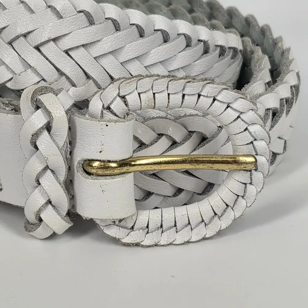 VINTAGE WHITE BRAIDED SPLIT COWHIDE LEATHER BELT – GOLD BUCKLE – SIZE L 38